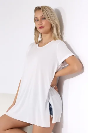 19598 KADIN KISA KOL KATLAMA. YANL YARI DİKİŞSİZ VE YIRTM.VSK BİSİKLET YAKA TUNİK TSHIRT