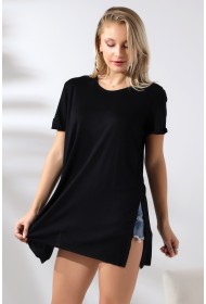 19598 KADIN KISA KOL KATLAMA. YANL YARI DİKİŞSİZ VE YIRTM.VSK BİSİKLET YAKA TUNİK TSHIRT