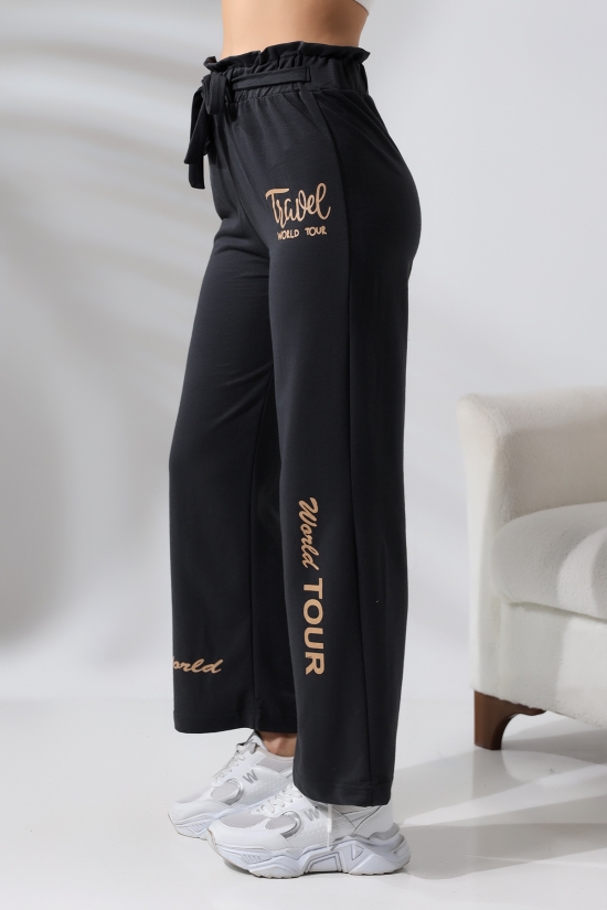 21361 TRAVEL ÖNÜ BASK.VE PAÇALARI BASK. SALAŞ KEMERLİ KUŞAKLI YÜKS.KEMER BÜZG.BAYAN GENİŞ SALAŞ 2 İP PANTOLON 