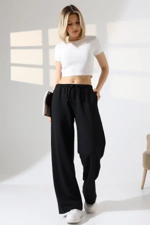 22182 KADIN DİAGONEL ŞARDONSUZ 3 İP PENYE KOMPAKT İNCE KEMERLASTİKLİ PALAZZO PAÇASI AÇIK EŞOFMAN PANTOLON 