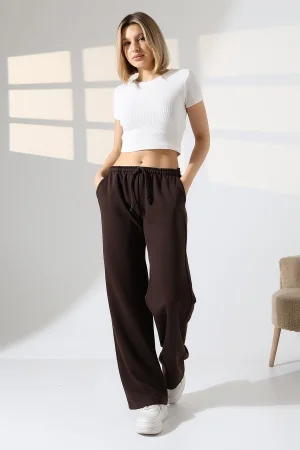 22182 KADIN DİAGONEL ŞARDONSUZ 3 İP PENYE KOMPAKT İNCE KEMERLASTİKLİ PALAZZO PAÇASI AÇIK EŞOFMAN PANTOLON 