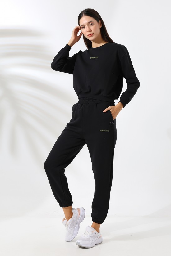 21698 DİESLİFE ENJEKSİYON BASK. KADIN 3 İP PENYE KOMPAKT ŞARDONLU BİSİKLET YAKA GENİŞKISA SWET VE.CEPLİ ENJ BASK PAÇA LAST.PANTOLON ALT ÜST TAKIM 