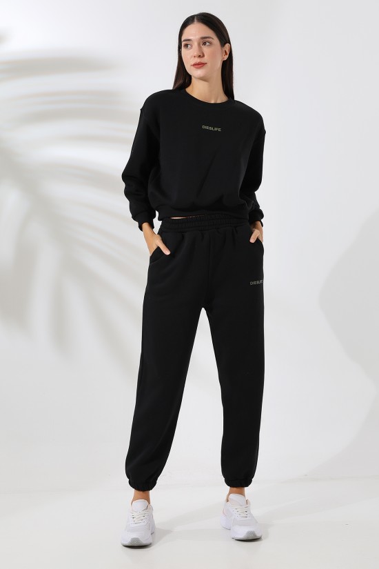 21698 DİESLİFE ENJEKSİYON BASK. KADIN 3 İP PENYE KOMPAKT ŞARDONLU BİSİKLET YAKA GENİŞKISA SWET VE.CEPLİ ENJ BASK PAÇA LAST.PANTOLON ALT ÜST TAKIM 