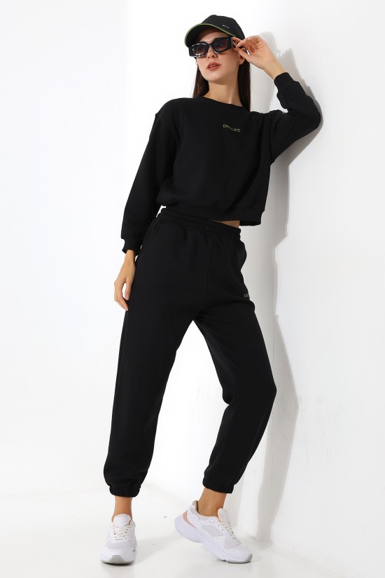 21698 DİESLİFE ENJEKSİYON BASK. KADIN 3 İP PENYE KOMPAKT ŞARDONLU BİSİKLET YAKA GENİŞKISA SWET VE.CEPLİ ENJ BASK PAÇA LAST.PANTOLON ALT ÜST TAKIM 