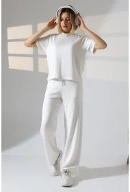 22056 KADIN DOUBLEFACE YUMUŞAK DOKULU KUMAŞ KISAKOL TSHIRT VE ALTI CEPLİ PAÇA AÇIK SALAŞ PANTOLON ALT ÜST TAKIM 