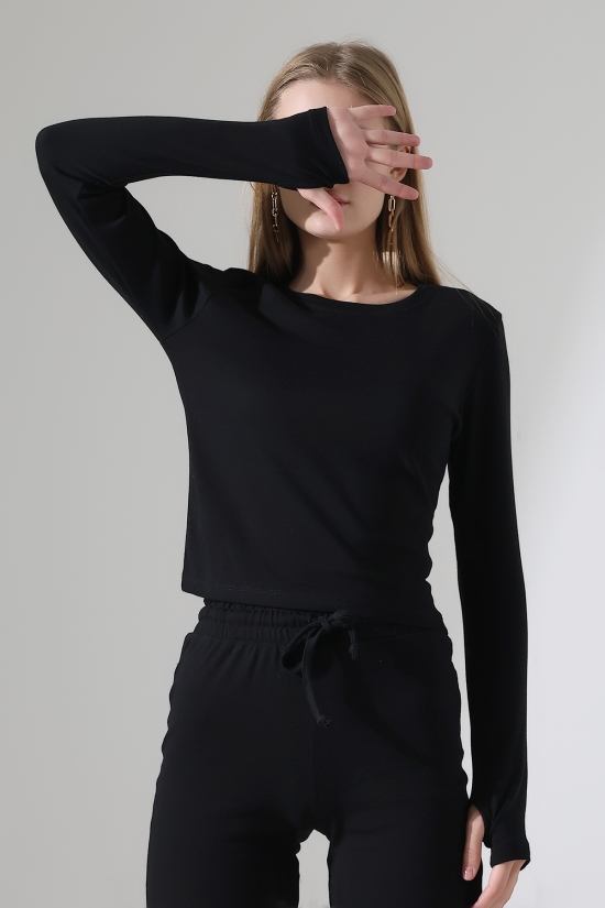 22133 KADIN PARMAK GEÇMELİ UZUN KOL TSHIRT VE ALT PANTOLON FULL LYC RİBANA TAKIM 