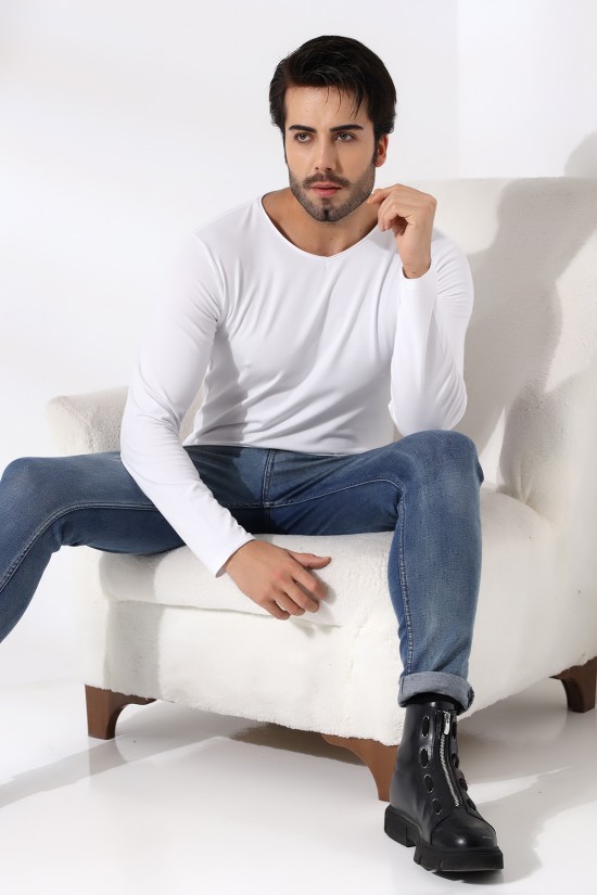 19698 ERKEK REGULAR FİT UZUN KOL PİS V YAKA TSHIRT