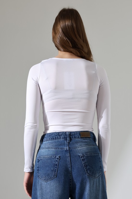 21940 KADIN FULL LYC MİKRO TULUM KARE YAKA UZUN KOL  ALTI KÜLOTLU VE ÇITÇITLI TSHIRT 