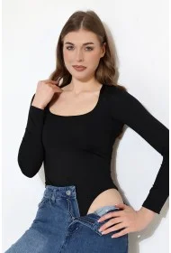 21940 KADIN FULL LYC MİKRO TULUM KARE YAKA UZUN KOL  ALTI KÜLOTLU VE ÇITÇITLI TSHIRT 