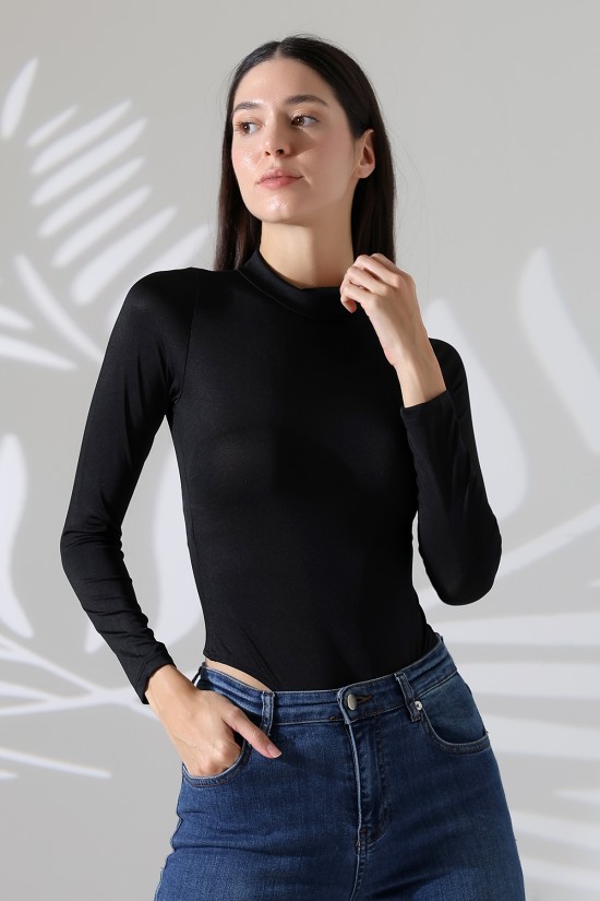 21942 KADIN FULL LYC MİKRO YARIM BALIKCI YAKA UZUN KOL  ALTI KÜLOTLU VE ÇITÇITLI TSHIRT 