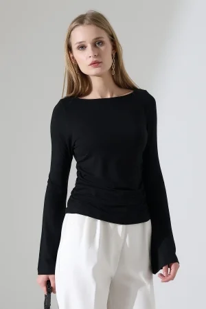 22157 KADIN KAYIK YAKA UZUN KOL UÇLARI İSPANYOL KOL  FULL LYC VİSKON YANLARI BÜZGÜLÜ BLUZ 