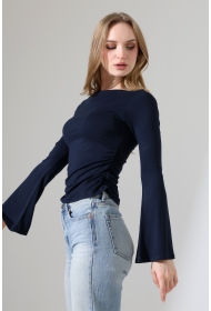 22157 KADIN KAYIK YAKA UZUN KOL UÇLARI İSPANYOL KOL  FULL LYC VİSKON YANLARI BÜZGÜLÜ BLUZ 