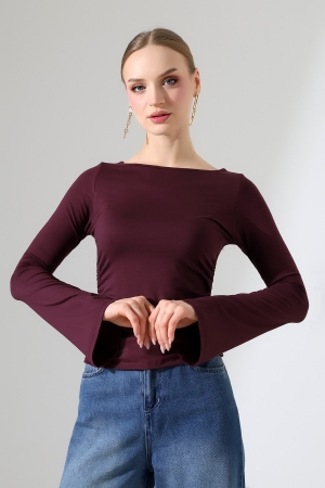 22157 KADIN KAYIK YAKA UZUN KOL UÇLARI İSPANYOL KOL  FULL LYC VİSKON YANLARI BÜZGÜLÜ BLUZ 