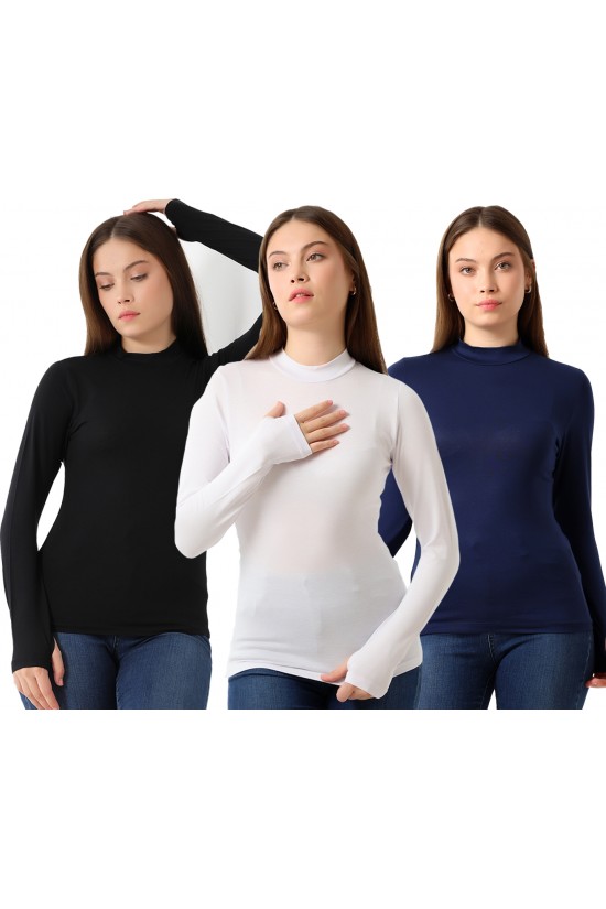 31756 - 3LÜ PAKET KADIN YARIM BALIKÇI UZUN KOLU PARMAK GEÇMELİ BLUZ 31756 - 3LÜ PAKET KADIN YARIM BALIKÇI UZUN KOLU PARMAK GEÇMELİ BLUZ