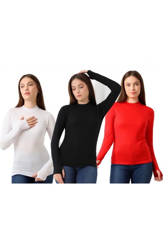 31756 - 3LÜ PAKET KADIN YARIM BALIKÇI UZUN KOLU PARMAK GEÇMELİ BLUZ 31756 - 3LÜ PAKET KADIN YARIM BALIKÇI UZUN KOLU PARMAK GEÇMELİ BLUZ