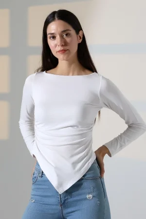 22017 KADIN KAYIK YAKA UZUN KOL YANLARI BÜZGÜLÜ VE ÖNÜ ASİMETRİK KESİMLİ  BLUZ 