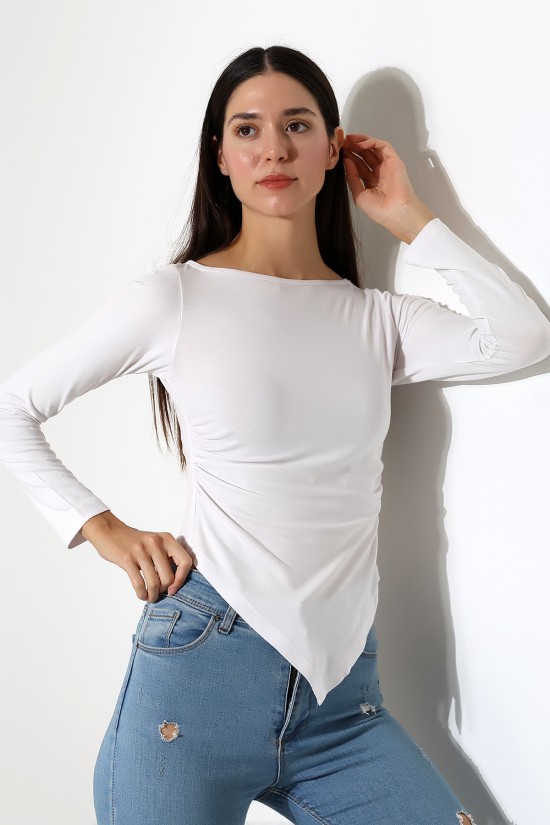 22017 KADIN KAYIK YAKA UZUN KOL YANLARI BÜZGÜLÜ VE ÖNÜ ASİMETRİK KESİMLİ  BLUZ 
