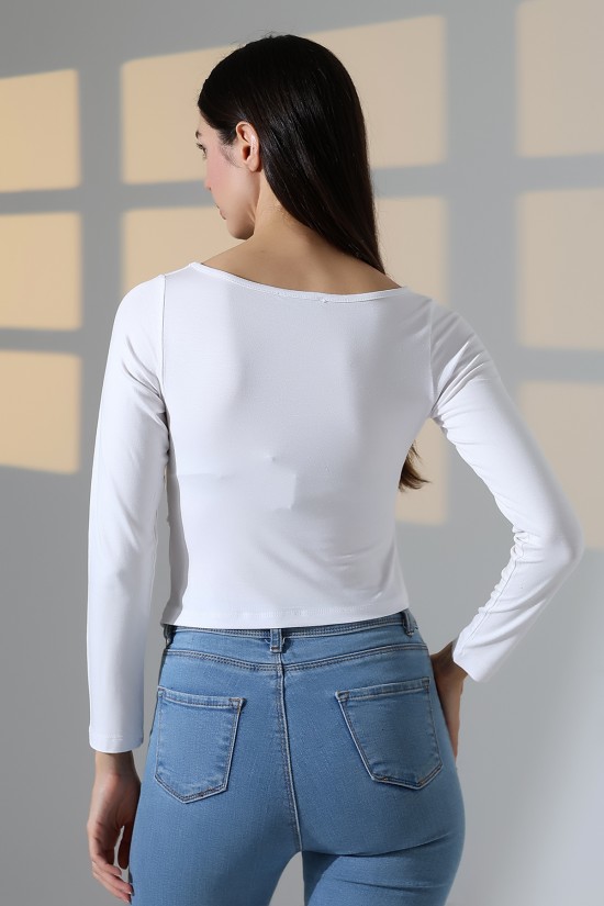 22017 KADIN KAYIK YAKA UZUN KOL YANLARI BÜZGÜLÜ VE ÖNÜ ASİMETRİK KESİMLİ  BLUZ 