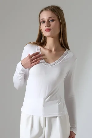 22144 KADIN V YAKASI DANTELLİ FULL LYC VORTVİSK UZUN KOL BLUZ 