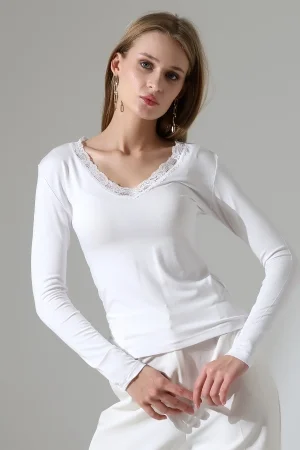 22144 KADIN V YAKASI DANTELLİ FULL LYC VORTVİSK UZUN KOL BLUZ 