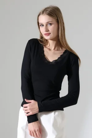 22144 KADIN V YAKASI DANTELLİ FULL LYC VORTVİSK UZUN KOL BLUZ 