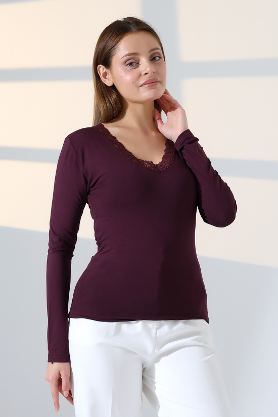 22144 KADIN V YAKASI DANTELLİ FULL LYC VORTVİSK UZUN KOL BLUZ 