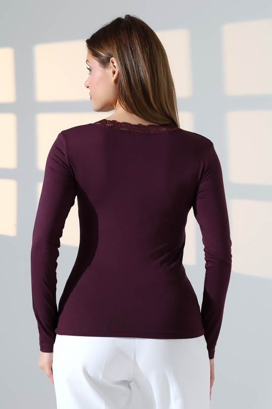 22144 KADIN V YAKASI DANTELLİ FULL LYC VORTVİSK UZUN KOL BLUZ 