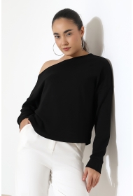 22185  KADIN KAYIK YAKA OMUZ DÜŞÜMLÜ DOUBLE FACE YUMUŞAK DOKULU UZUN KOL SWEAT-BLUZ 