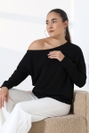 22185  KADIN KAYIK YAKA OMUZ DÜŞÜMLÜ DOUBLEFACE YUMUŞAK DOKULU UZUN KOL SWET-BLUZ 