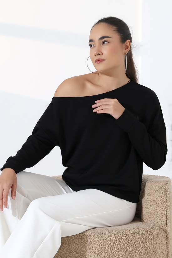 22185  KADIN KAYIK YAKA OMUZ DÜŞÜMLÜ DOUBLEFACE YUMUŞAK DOKULU UZUN KOL SWET-BLUZ 