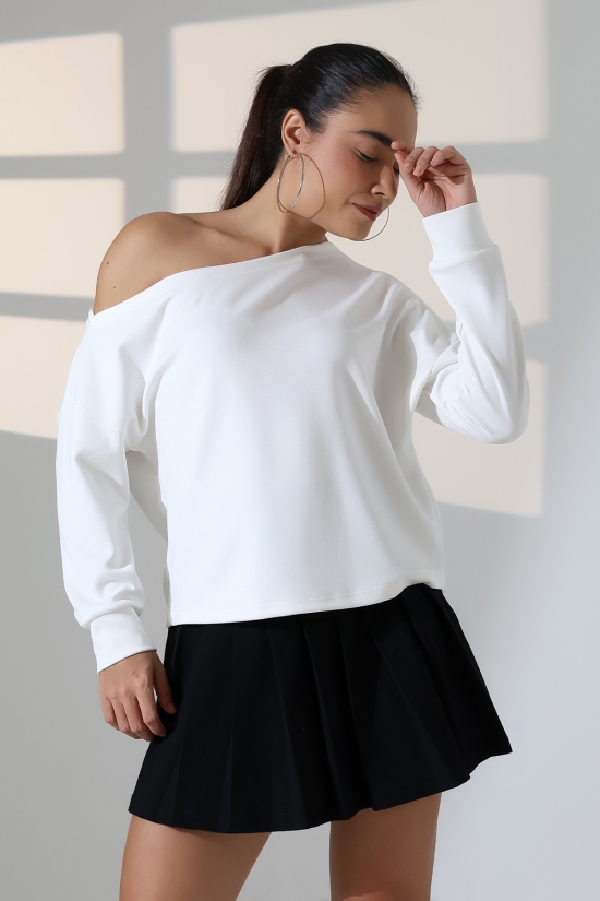 22185  KADIN KAYIK YAKA OMUZ DÜŞÜMLÜ DOUBLEFACE YUMUŞAK DOKULU UZUN KOL SWET-BLUZ 