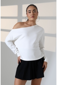 22185  KADIN KAYIK YAKA OMUZ DÜŞÜMLÜ DOUBLE FACE YUMUŞAK DOKULU UZUN KOL SWEAT-BLUZ 