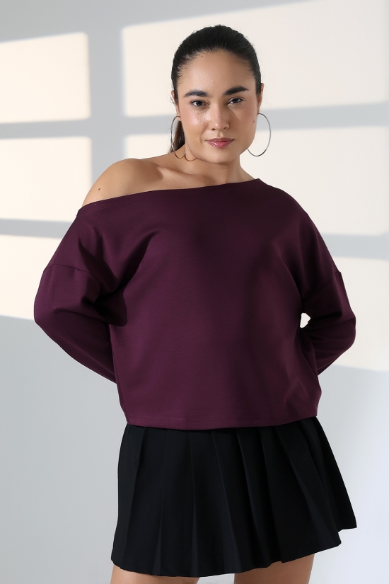 22185  KADIN KAYIK YAKA OMUZ DÜŞÜMLÜ DOUBLEFACE YUMUŞAK DOKULU UZUN KOL SWET-BLUZ 