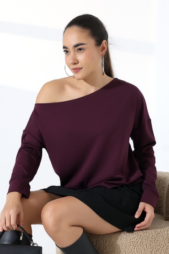 22185  KADIN KAYIK YAKA OMUZ DÜŞÜMLÜ DOUBLEFACE YUMUŞAK DOKULU UZUN KOL SWET-BLUZ 