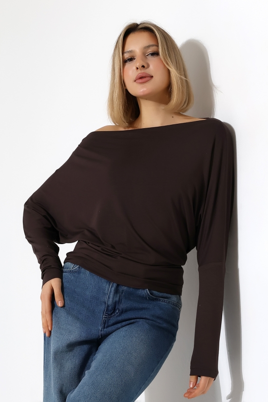 22153 KADIN OMUZ DÜŞÜMLU ASMTRK UZUN KOLU BEDENDE VE PARÇALI   BLUZ 