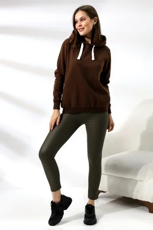 19491 KADIN DÜZ 2İP ŞARDONLU  KAPŞONLU SWETSHIRT