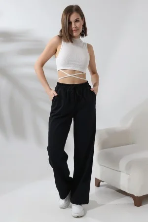 21566  KADIN CEPLİ SALAŞ GENİŞ DÖKÜMLÜ 2 İP PANTOLON 