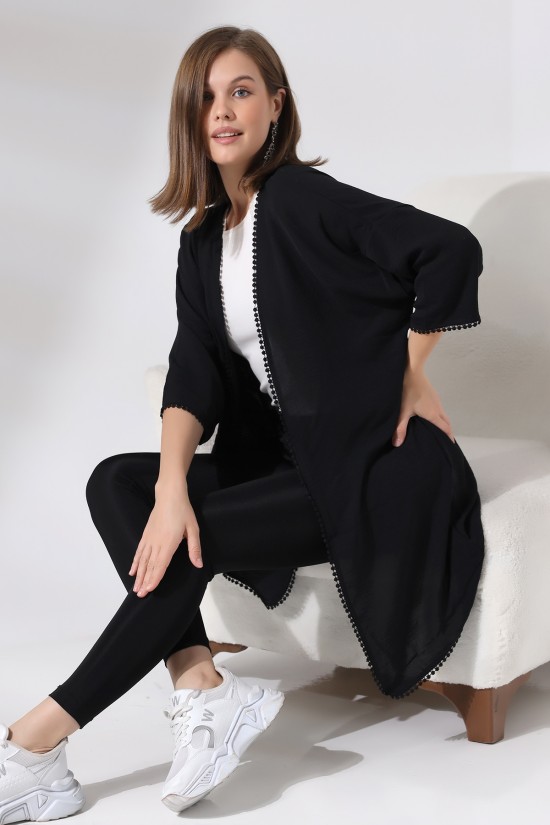 21134 BAYAN AYROBİN KAPRİ KOL UCU VE ÖNÜ PONPON BRODELİ UZUN TUNİK HIRKA 21134 BAYAN AYROBİN KAPRİ KOL UCU VE ÖNÜ PONPON BRODELİ UZUN TUNİK HIRKA