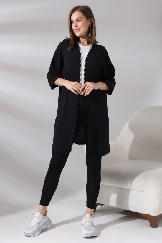 21134 BAYAN AYROBİN KAPRİ KOL UCU VE ÖNÜ PONPON BRODELİ UZUN TUNİK HIRKA 21134 BAYAN AYROBİN KAPRİ KOL UCU VE ÖNÜ PONPON BRODELİ UZUN TUNİK HIRKA