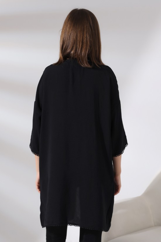 21134 BAYAN AYROBİN KAPRİ KOL UCU VE ÖNÜ PONPON BRODELİ UZUN TUNİK HIRKA 21134 BAYAN AYROBİN KAPRİ KOL UCU VE ÖNÜ PONPON BRODELİ UZUN TUNİK HIRKA