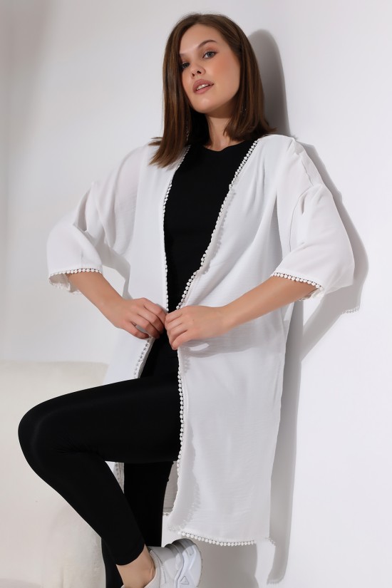 21134 BAYAN AYROBİN KAPRİ KOL UCU VE ÖNÜ PONPON BRODELİ UZUN TUNİK HIRKA 21134 BAYAN AYROBİN KAPRİ KOL UCU VE ÖNÜ PONPON BRODELİ UZUN TUNİK HIRKA